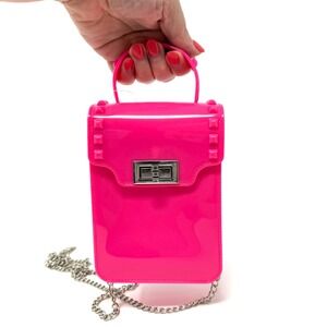 Hot Pink Mini Top Handle‎ Bag Studded Crossbody Chain Evening Purse